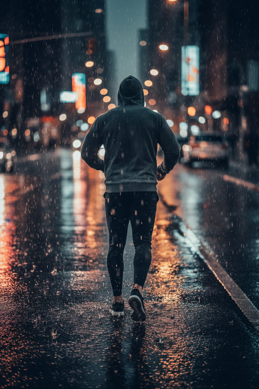 Atleta en la lluvia urbana